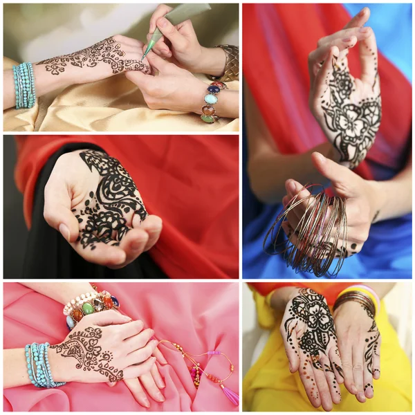 Collage met handen geschilderd met henna — Stockfoto