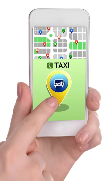 Mãos segurando celular telefone inteligente com interface de táxi, isolado no branco — Fotografia de Stock