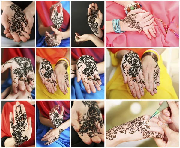 Collage met handen geschilderd met henna — Stockfoto