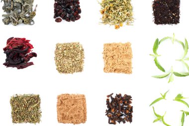 Bitkisel çay ve otlar üzerinde beyaz izole çeşitli