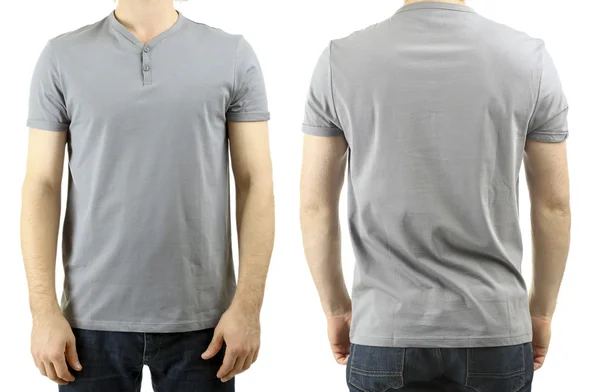 Camiseta en hombre joven delante y detrás aislado en blanco —  Fotos de Stock