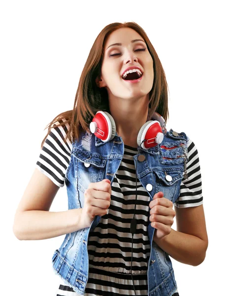 Hermosa mujer joven con auriculares —  Fotos de Stock