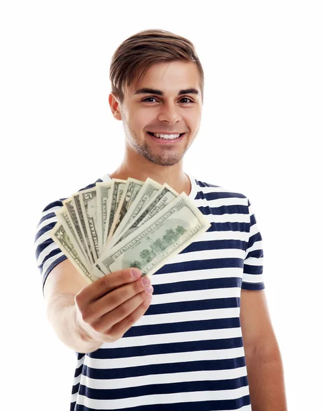 Bonito jovem segurando dinheiro isolado em branco — Fotografia de Stock