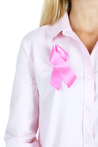 Woman using pink ribbon on her chest isolated on white — Stock Photo, Image