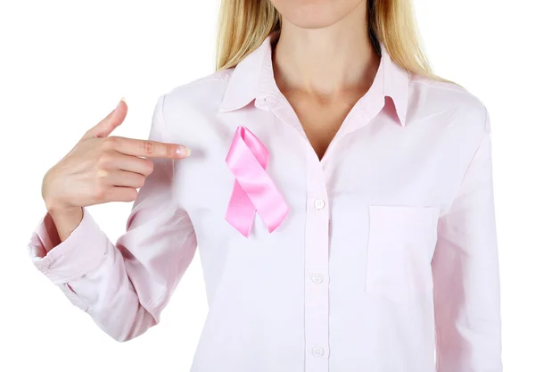 Woman using pink ribbon on her chest isolated on white — Stock Photo, Image