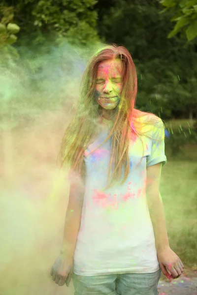 Young woman on Holi color festival — Stock Photo, Image