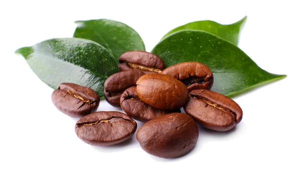 Coffee beans with leaves isolated on white — Stock Photo, Image