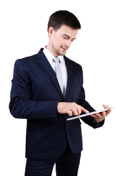 Homme élégant en costume avec comprimé isolé Images De Stock Libres De Droits