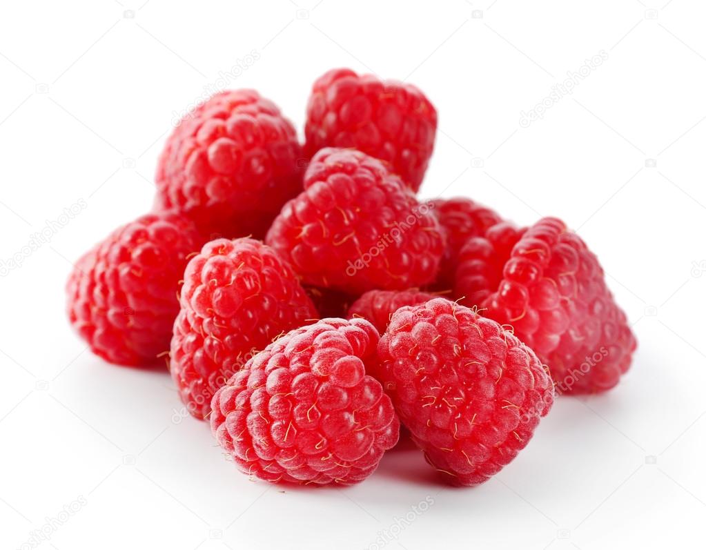 Red sweet raspberries isolated on white
