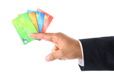 kredi kartları, üzerinde beyaz izole tutan el