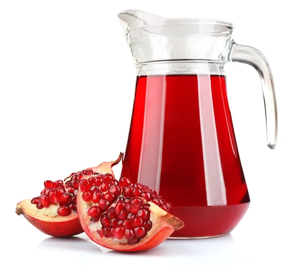 Glass jug of fresh pomegranate juice isolated on white — Stock Photo, Image