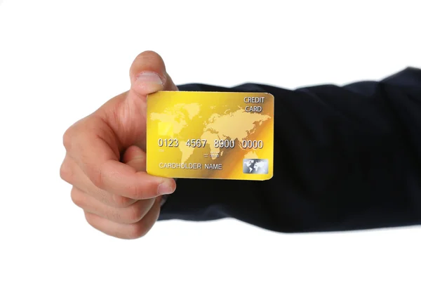 手札のクレジットカードは白で隔離され — ストック写真