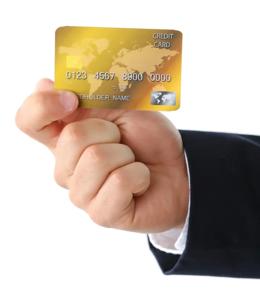 Main tenant la carte de crédit, isolé sur blanc — Photo