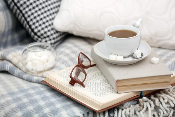 Taza de café con libros en sofá en la sala de estar — Foto de Stock