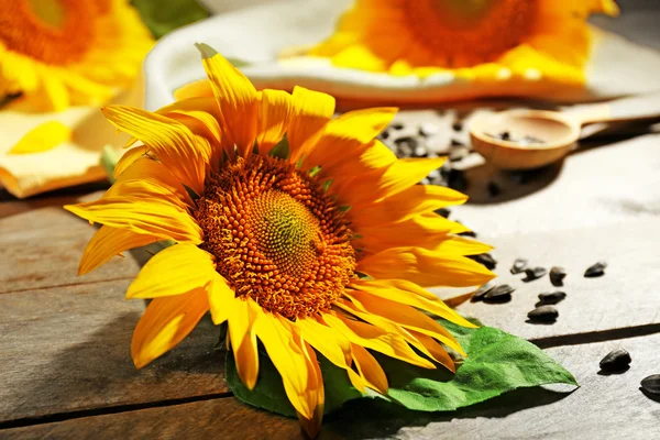 Beautiful bright sunflowers with seeds on wooden table close up — Stock Photo, Image