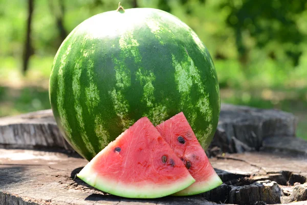 Frische Wassermelone auf Baumstumpf, Nahaufnahme — Stockfoto