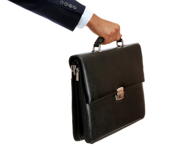 Male hand holding briefcase isolated on white — Stock Photo, Image