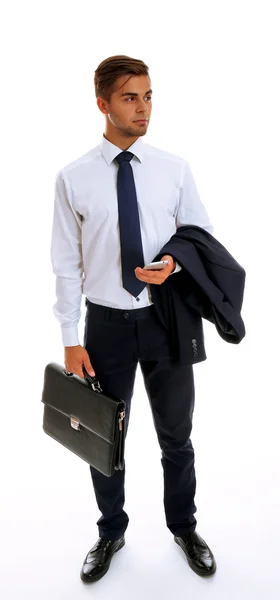 Elegante hombre de traje con maletín aislado en blanco — Foto de Stock