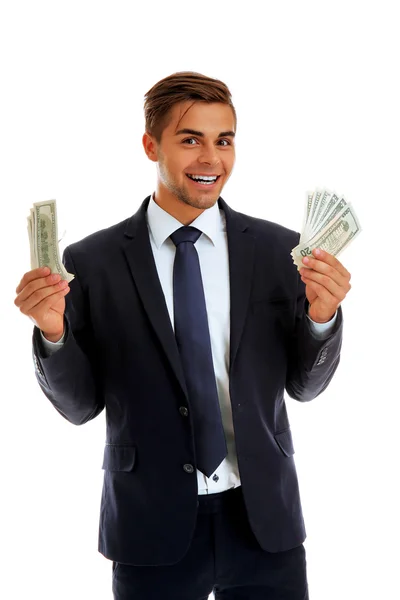 Elegant man in suit holding money isolated on white — Stock Photo, Image