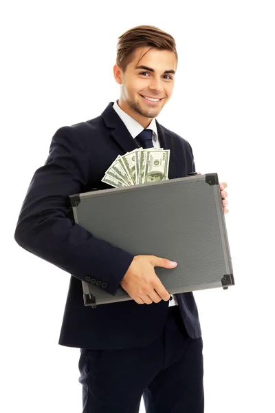 Κομψό άνθρωπος που κρατά την υπόθεση με τα χρήματα που απομονώνονται σε λευκό — Φωτογραφία Αρχείου