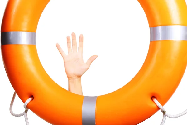 Human hand reaching for life preserver, close-up — Stock Photo, Image