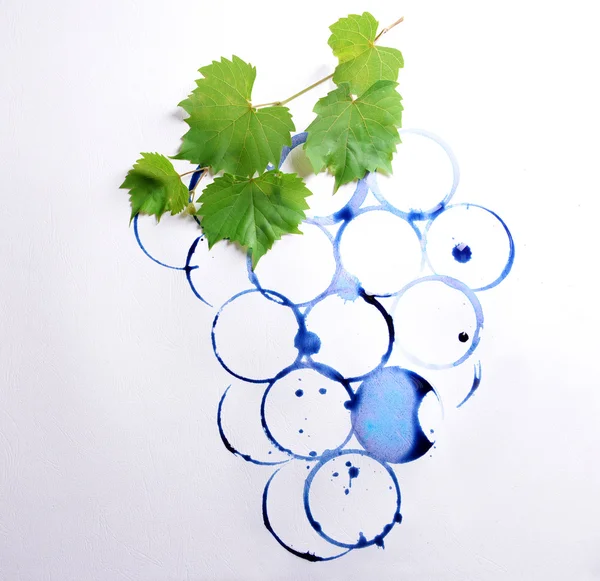 Branch of grapes painted with stains of wineglass on white paper background — Stock Photo, Image