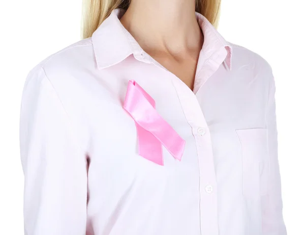 Woman using pink ribbon — Stock Photo, Image