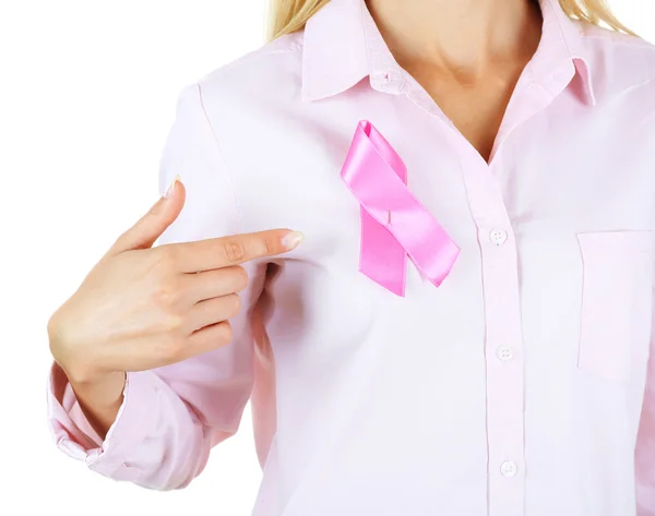 Woman using pink ribbon on her chest — Stock Photo, Image