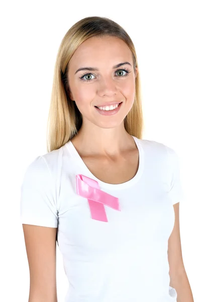 Mulher usando fita rosa em seu peito — Fotografia de Stock