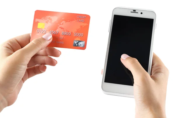 Hands holding smartphone and credit card — Stock Photo, Image