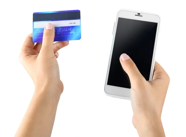 Hands holding smartphone and credit card — Stock Photo, Image