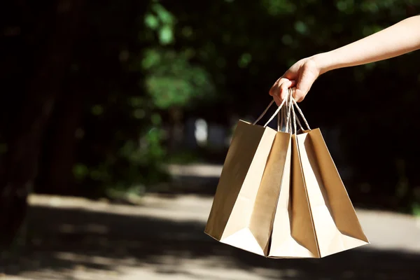 Női kezében bevásárló táskák szabadban — Stock Fotó