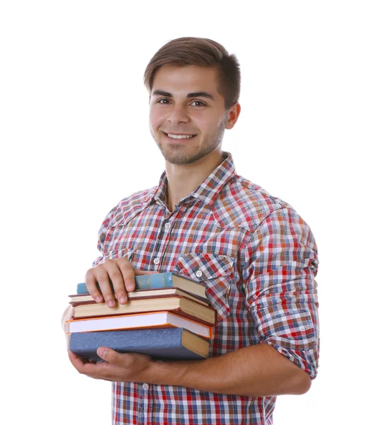 Jongeman met boeken over witte achtergrond — Stockfoto