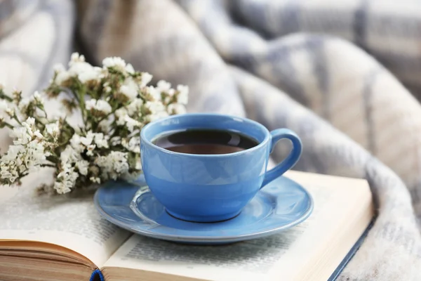 Xícara de café azul com livro aberto no sofá no quarto — Fotografia de Stock