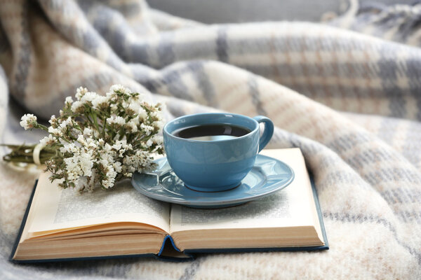 Голубая чашка кофе с открытой книгой на диване в комнате
