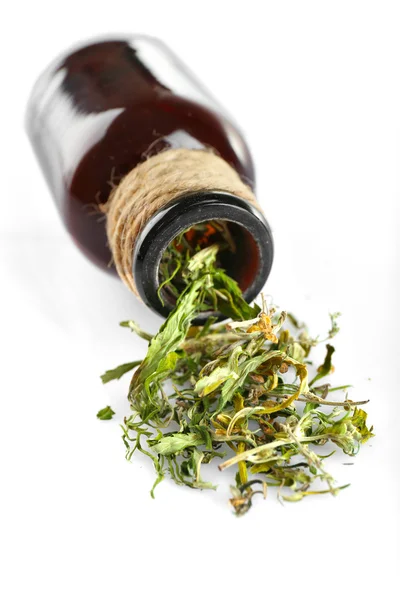 Botella de cannabis medicinal seco aislada en blanco — Foto de Stock