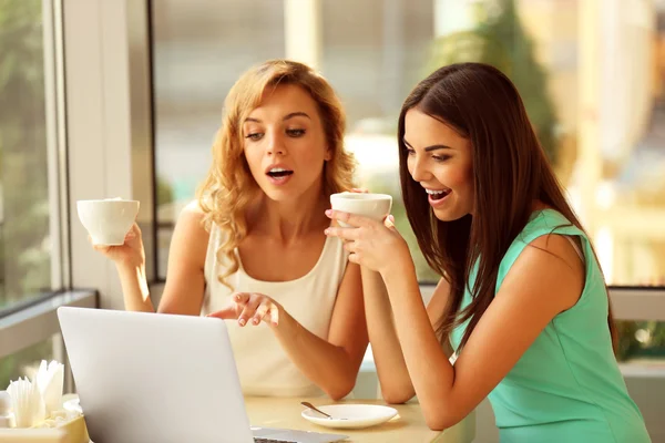 Schöne junge Frauen mit Laptop im Café — Stockfoto
