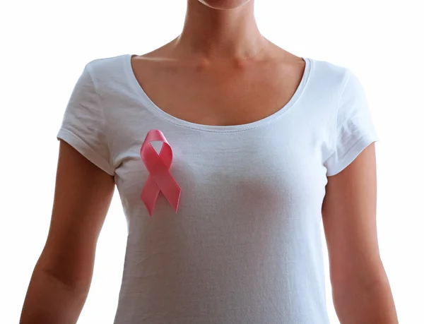 Vrouw met aids bewustzijn roze lint geïsoleerd op wit — Stockfoto