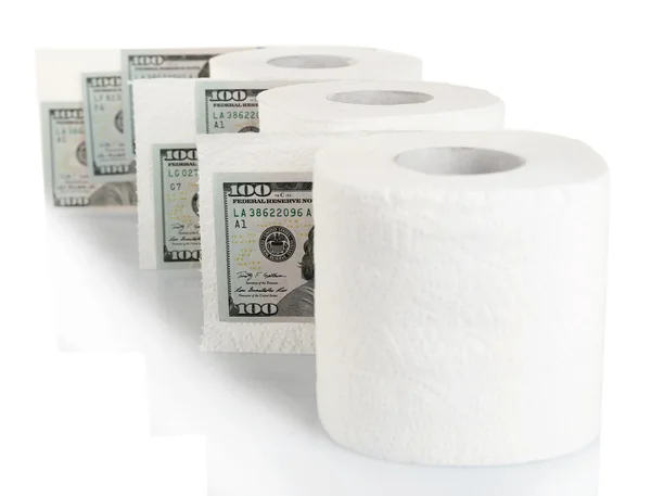 Rouleaux blancs de papier toilette et billets en dollars sur fond clair — Photo