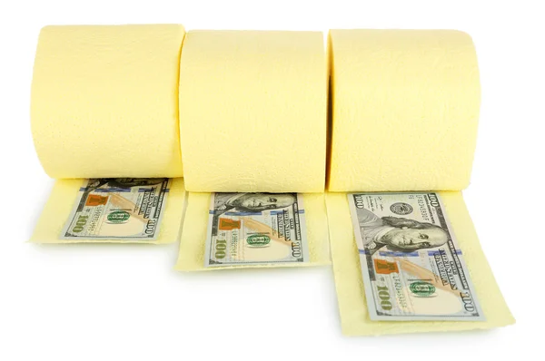 Rolos de papel higiénico amarelo claro e notas de dólar isolados sobre branco — Fotografia de Stock