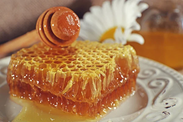 Медовые продукты на тарелке крупным планом — стоковое фото