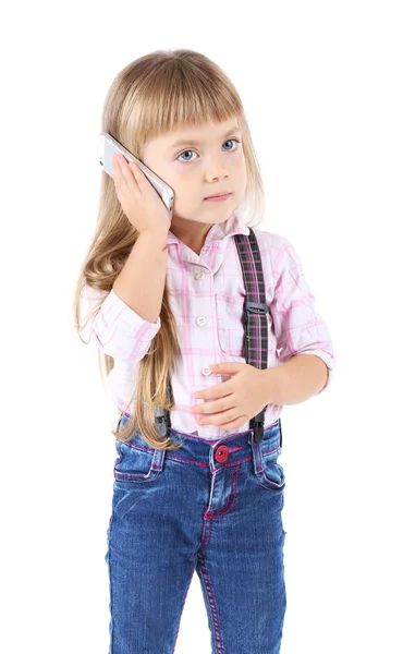 Schönes kleines Mädchen mit Handy, isoliert auf weiß — Stockfoto