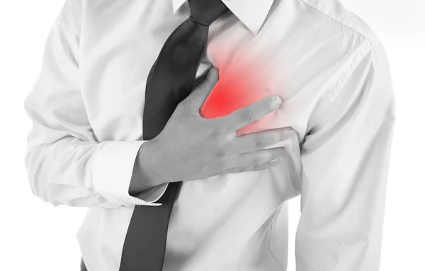 Göğüs ağrısı - kalp krizi, üzerinde beyaz izole olan adam — Stok fotoğraf