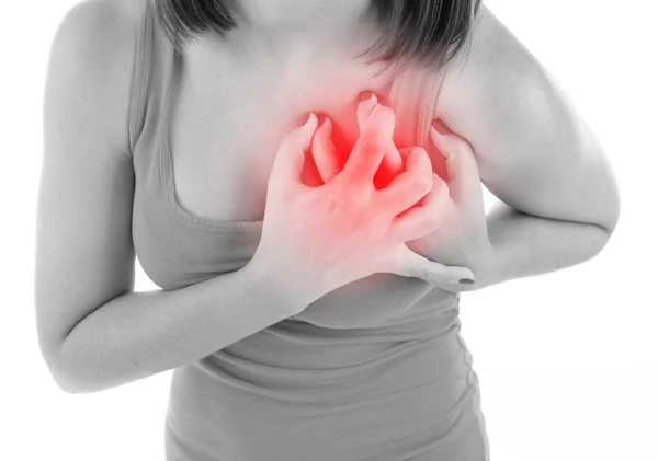 Woman having chest pain - heart attack, isolated on white — Stock Photo, Image