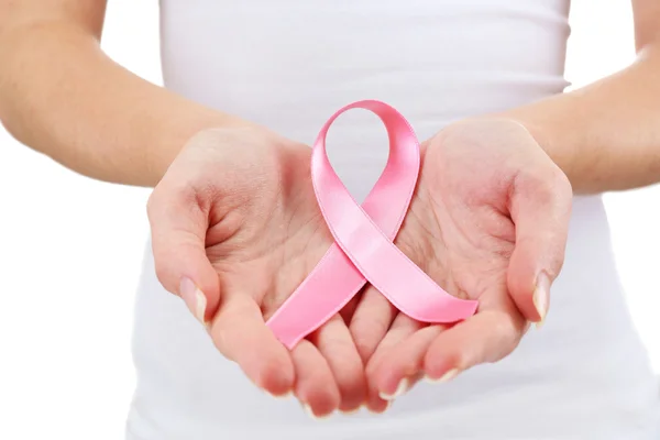 Female hands holding pink ribbon sign — Stock Photo, Image