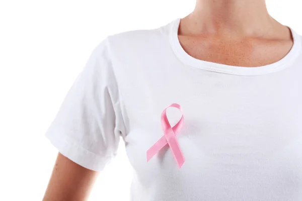 Różowa wstążka znak na kobiece kobieta koszula — Zdjęcie stockowe