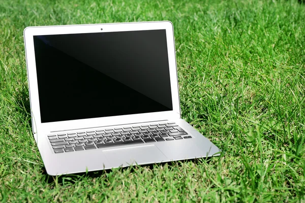 Laptop på grön gräsmatta — Stockfoto
