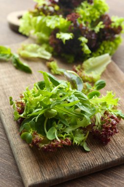 Ahşap masa üzerinde taze karışık yeşil salata tabak kapat