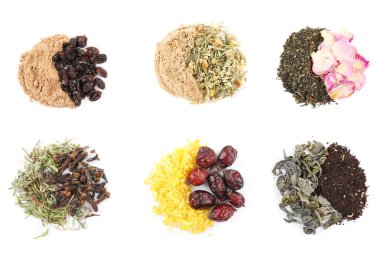 Çeşitli bitkisel çay ve otlar baharat beyaz izole