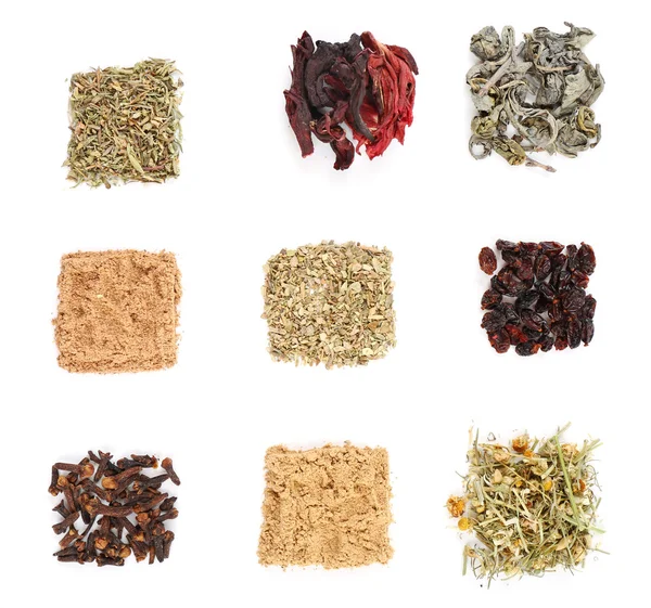 Vários tipos de chá de ervas e ervas isoladas em branco — Fotografia de Stock
